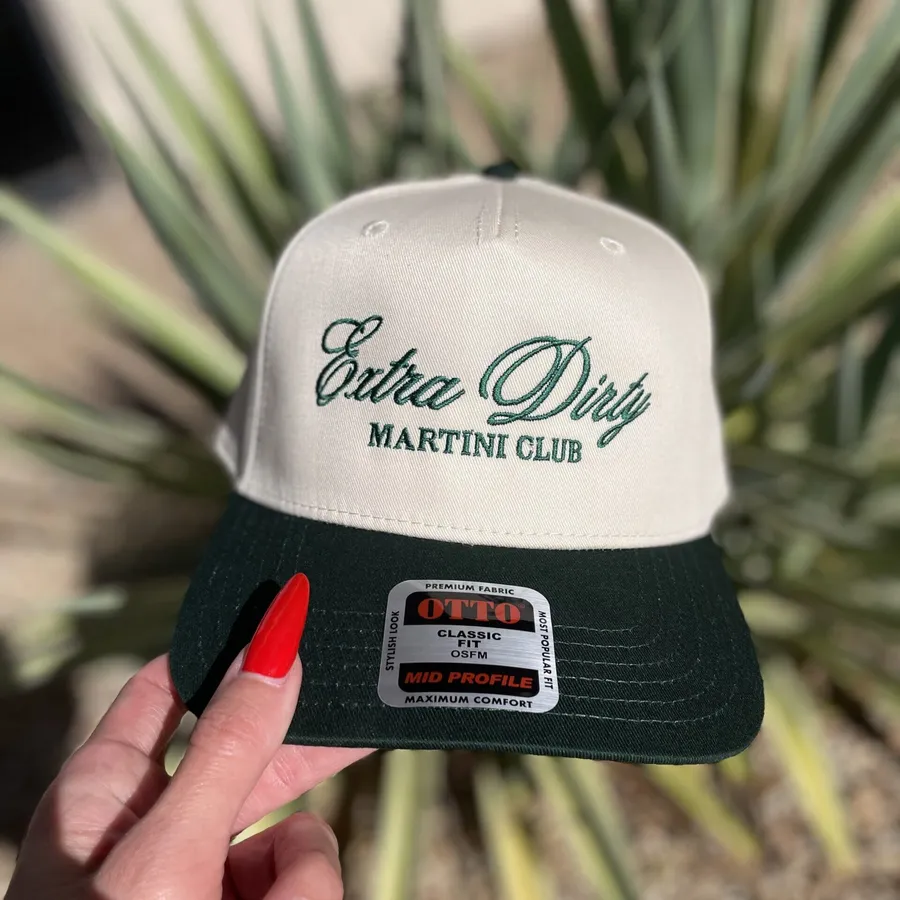 Cream and green snapback with Extra Dirty Martini Club script embroidery