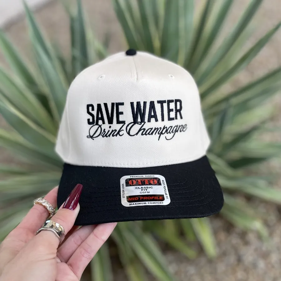 Cream cap with Save Water Drink Champagne text embroidery